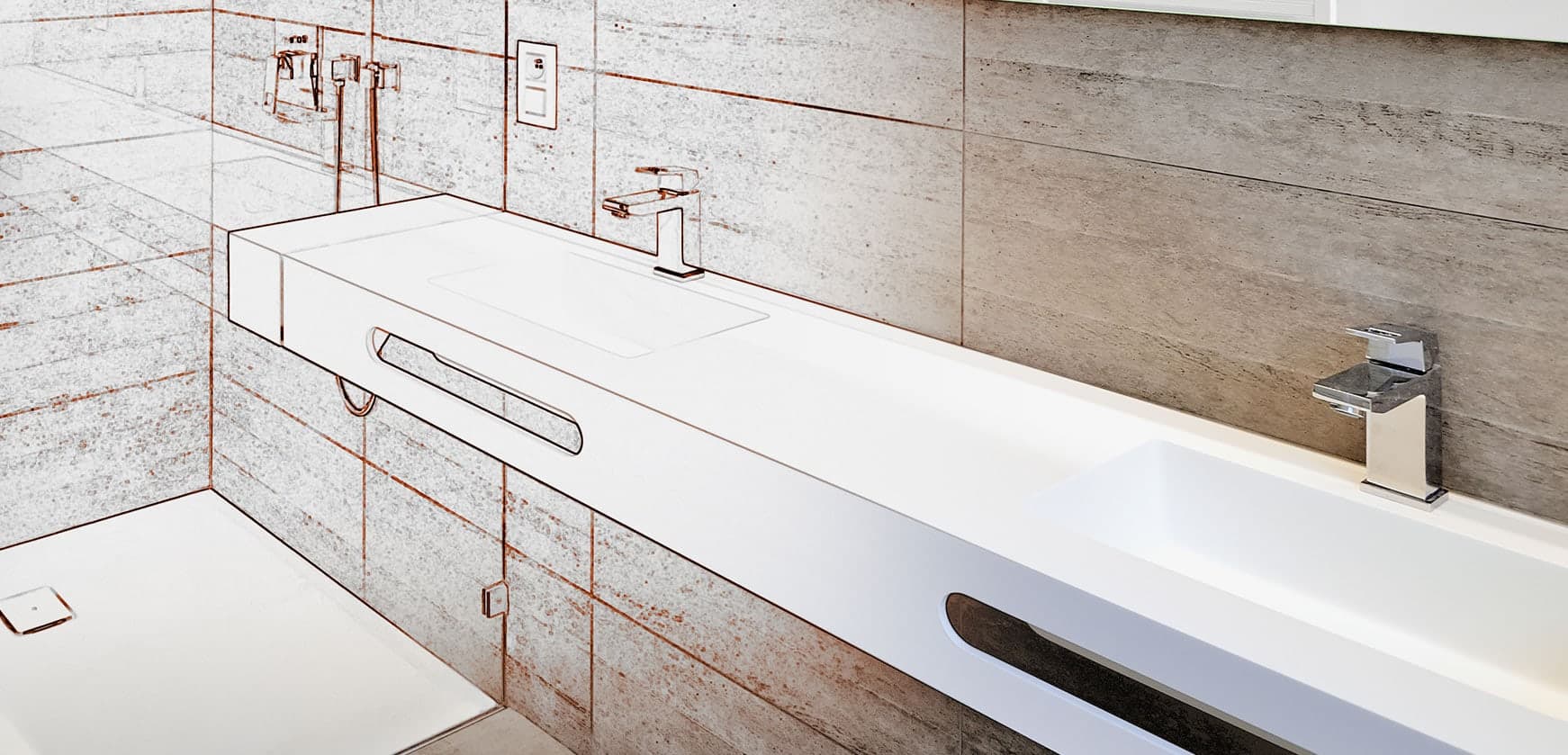 Large format tiling running behind a long wall hung vanity with twin basins